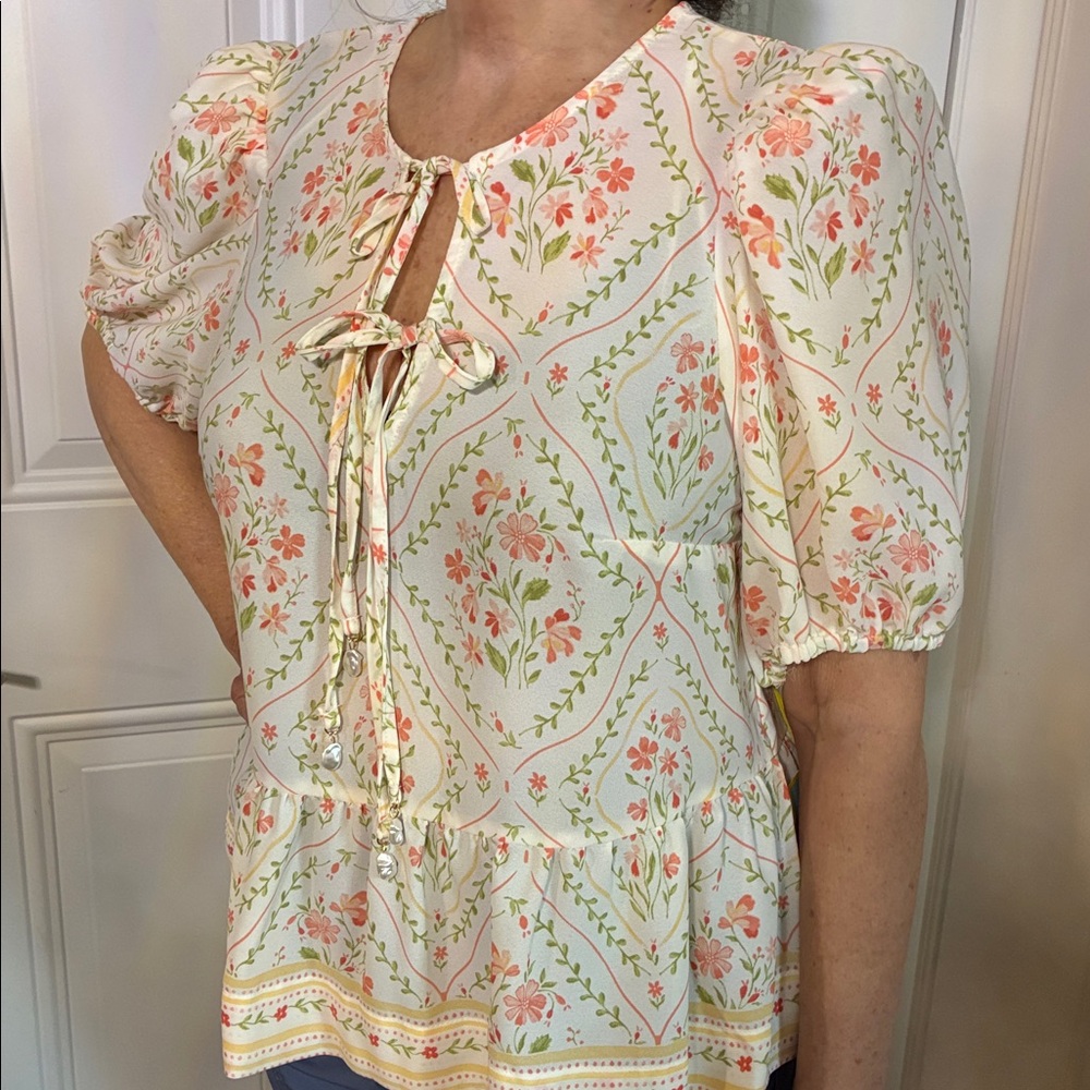 CeCe Cream Blouse with Peach Floral Print and Green Vines